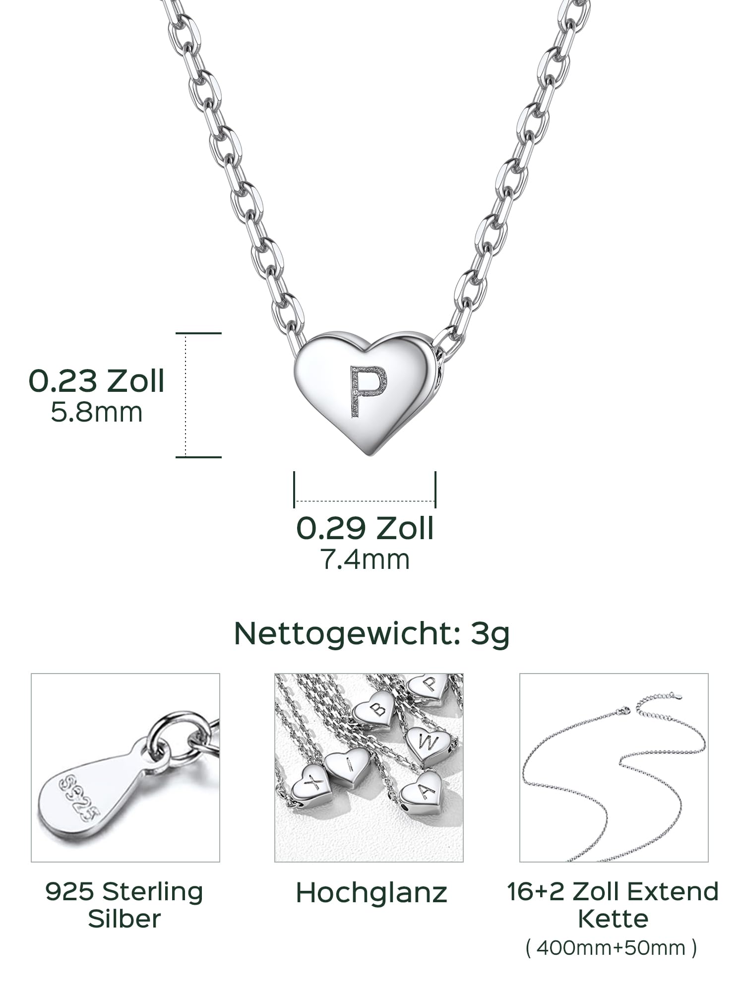 ChicSilver 925 Silber Kette Alphabet 40cm+5cm mit Herzanhänger A-Z 26 Buchstabe Sommer Freundschaftskette Namenskette mit Geschenkbox für Damen und mädchen