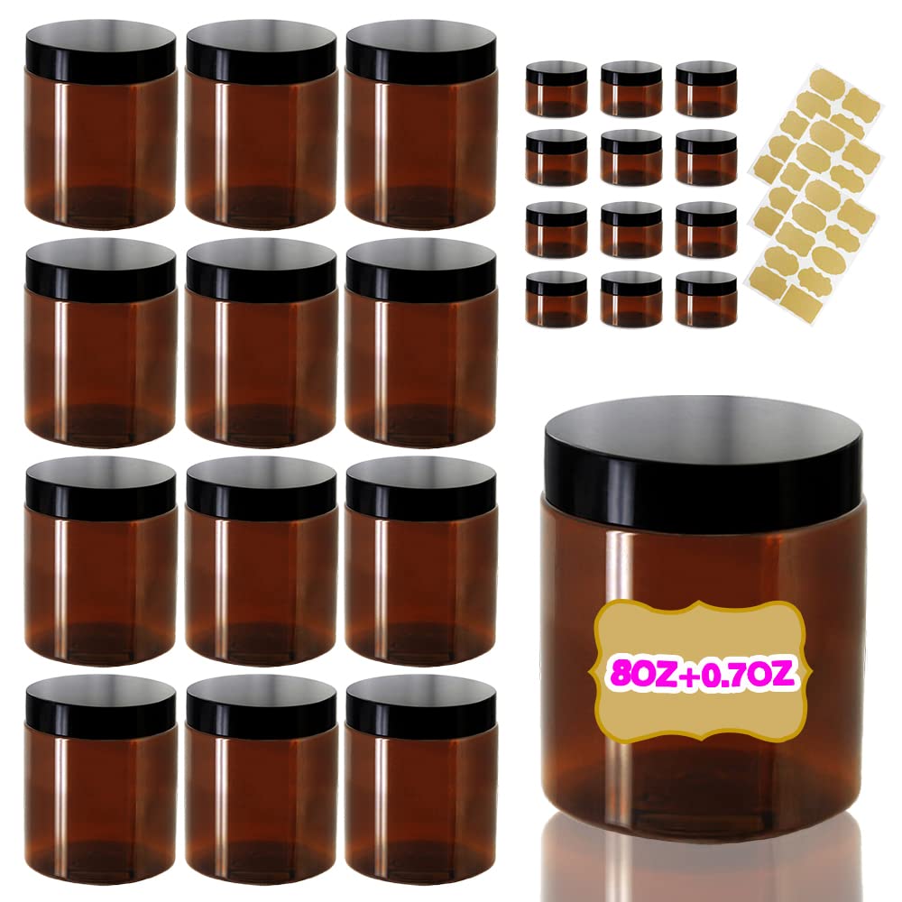 8oz 250ml Amber Plastic Jars with Lids 8oz + 20g Sample Pots (Set of 24) Airtight Storage Jars for Kitchen, Spice, Cream, Cosmetic, DIY Crafts, Slime + Free Labels & Spatulas