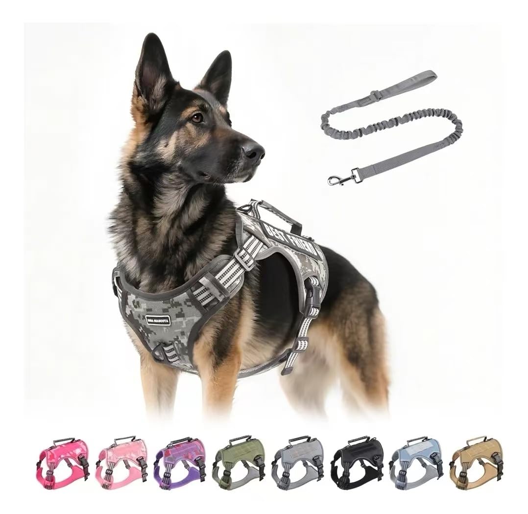 Tactical Dog Harness with Leash for Large Dogs, No Pull Adjustable Dog Harness, Reflective K9 Working Pet Vest for Walking, Training (Camouflage Grey, XL)