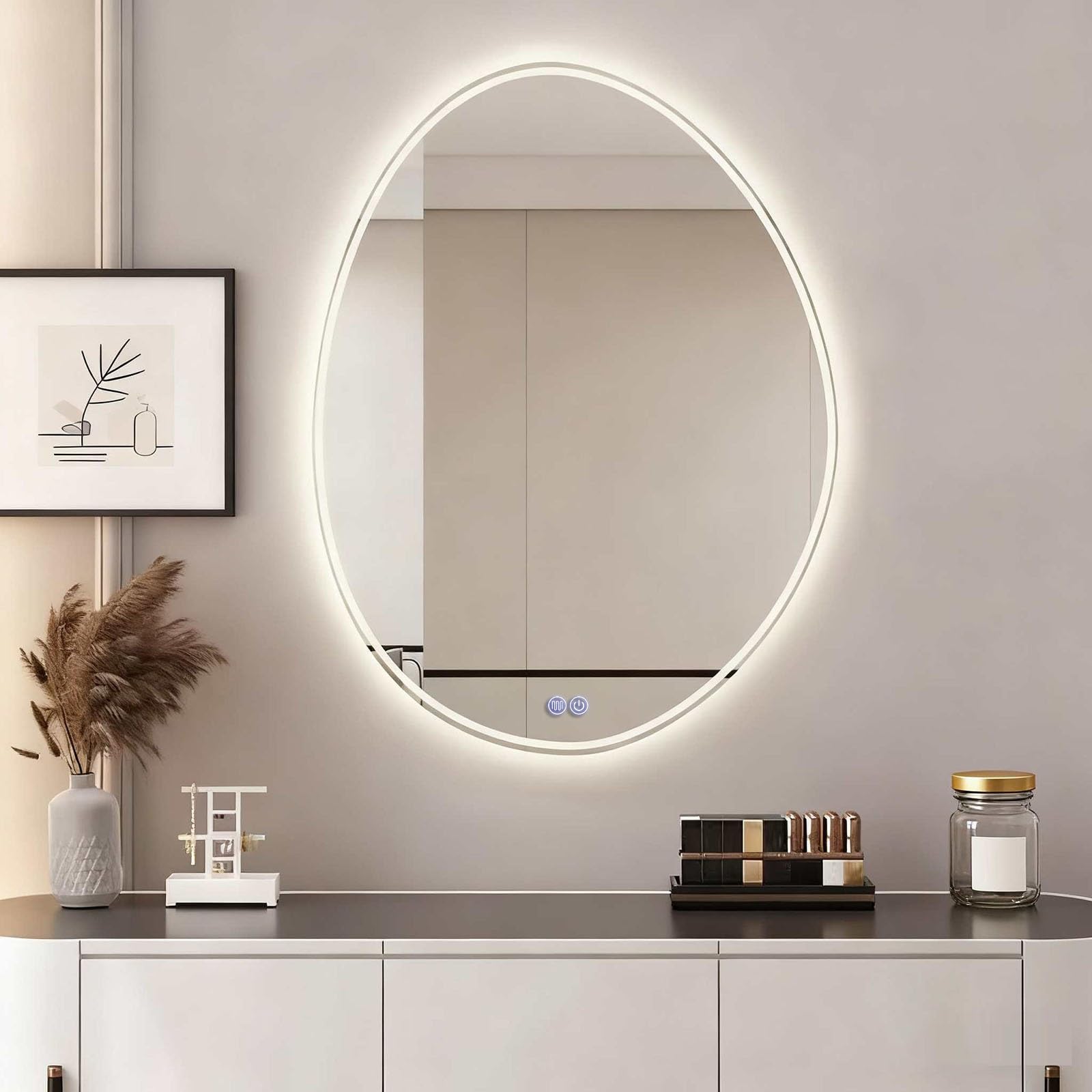SXFSDOU LED Anti-Fog Bathroom Mirror, Front and Backlit Illuminated, Asymmetrical Teardrop Design, Dimmable Touch-Sensitive Cosmetic Mirror