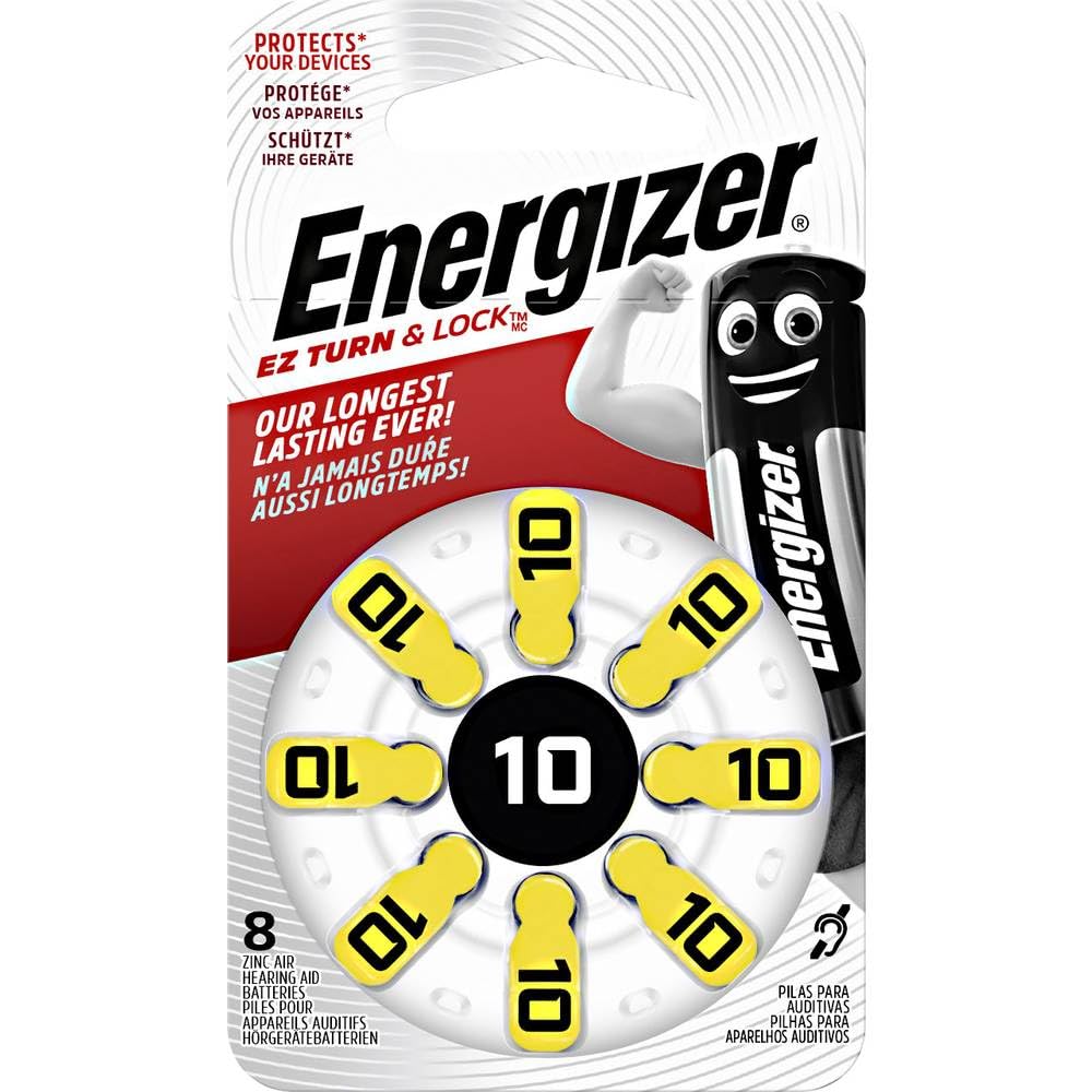 Energizer Piles pour prothèses auditives Energizer, Taille 10, Languette Jaune (Pack de 8)