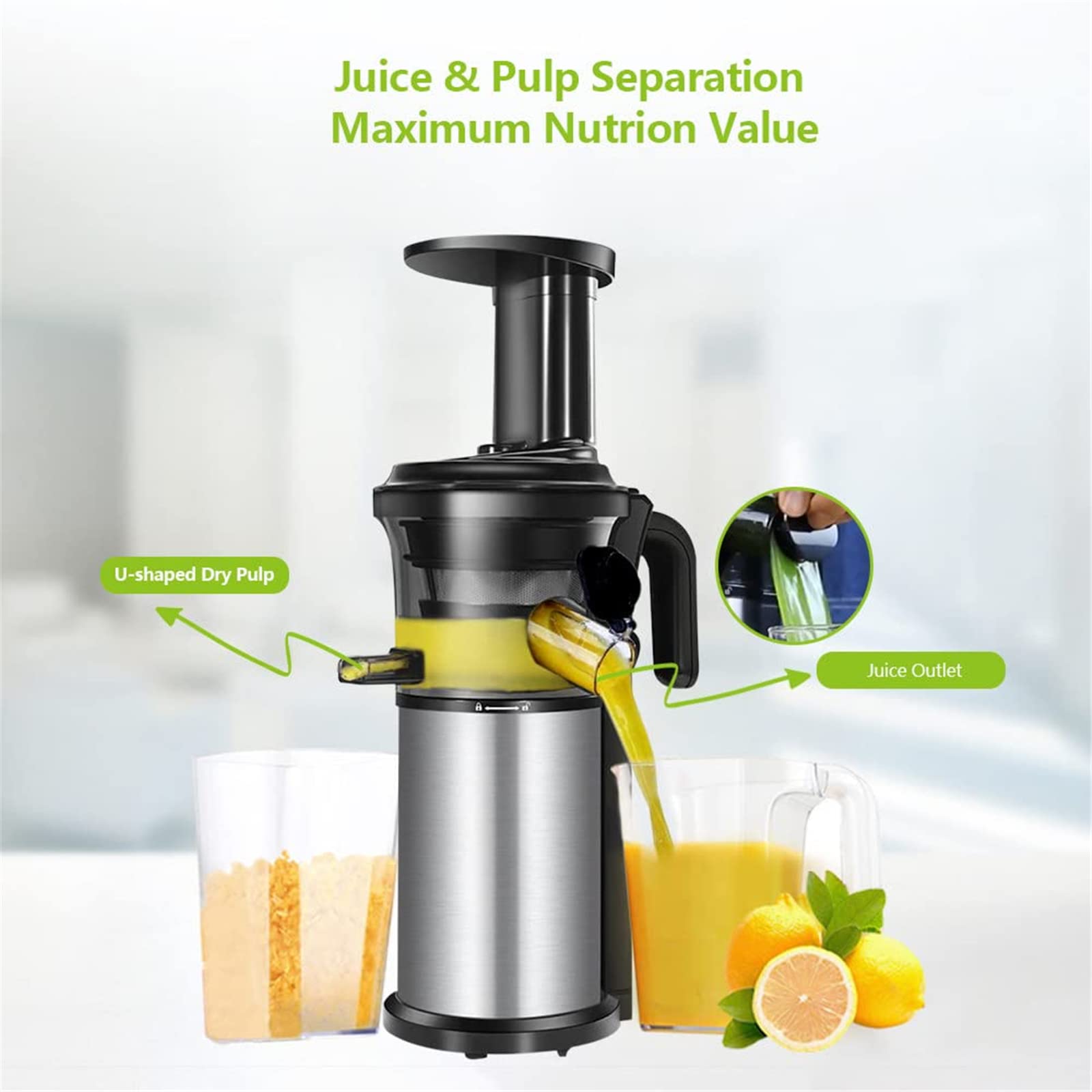 Estrattore di Succo a Freddo con Motore Silenzioso, estrattore di Succo a masticazione lenta, Funzione inversa per succhi di Frutta e Verdura freschi e sani, Facile da Pulire