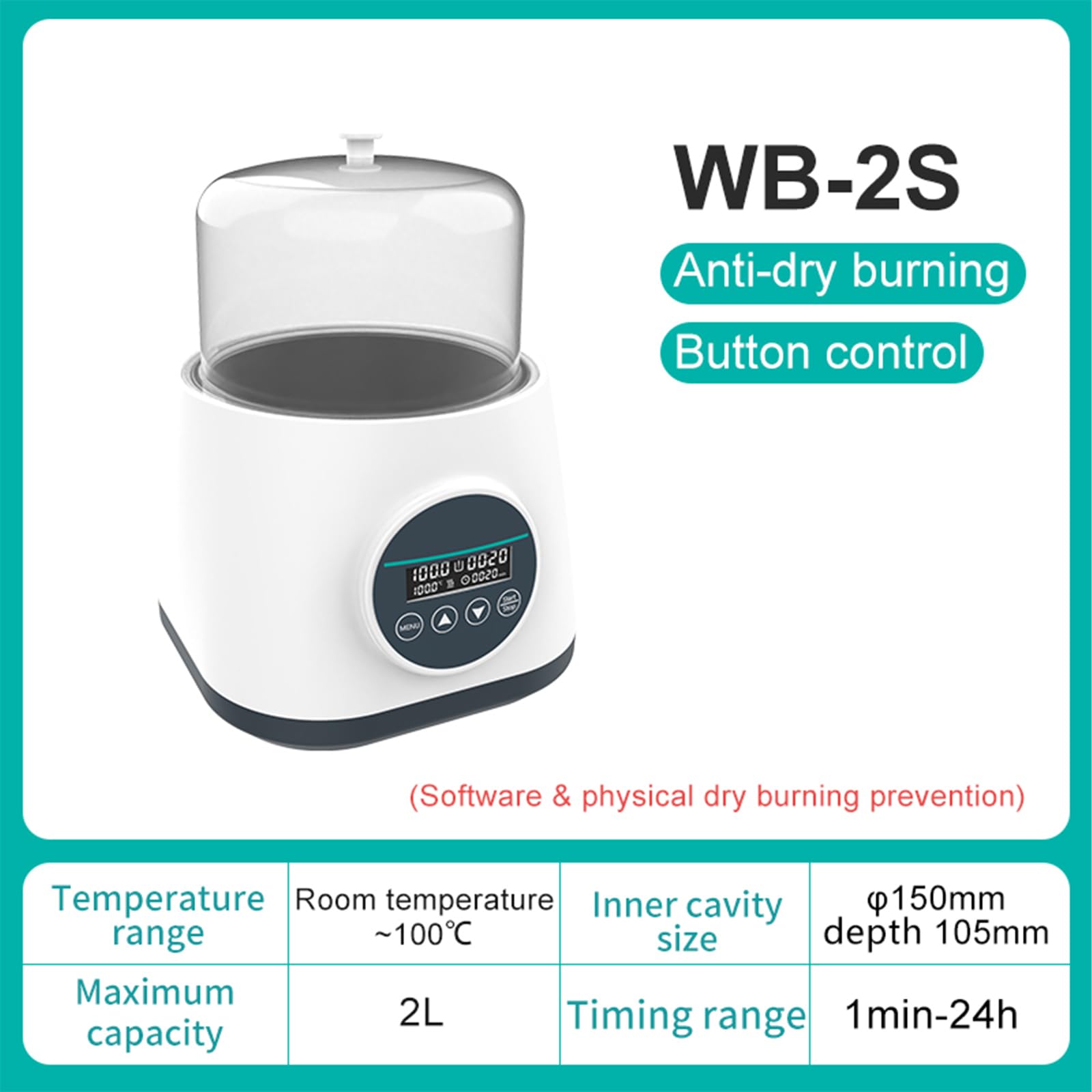 Baño María Digital De Laboratorio, Capacidad De 2 Litros, Protección Contra Sobrecalentamiento Y Quemaduras En Seco, 0-100 °C, Temporizador De 24 Horas.,WB-2S
