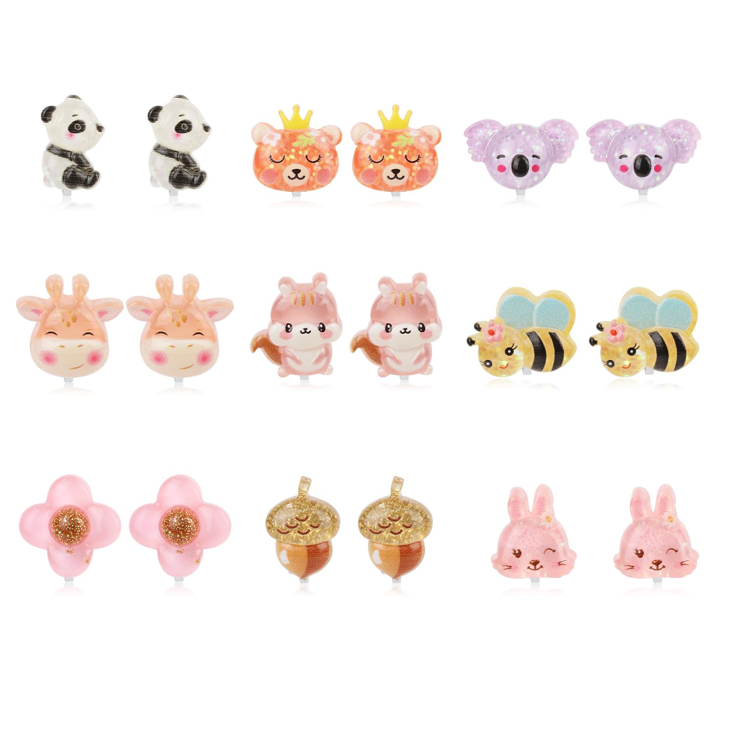 9 Pairs Kids Clip on Earrings, Girl Clip on Earrings Children's Non Perforated Ear Set Dress up Princess Jewelry Accessories Princess for Girls (Cute Animals)