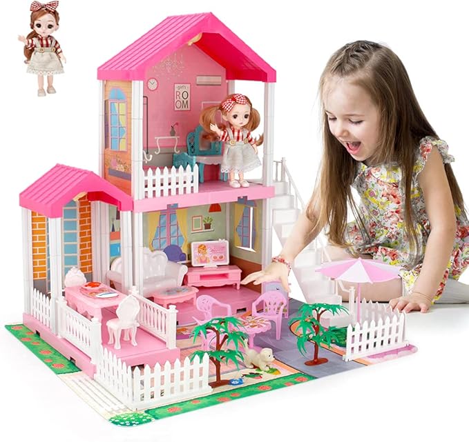 Mini Tudou Dollhouse Dreamhouse for Girls, Doll House with Lights, Play Mat and Dolls, DIY Building Pretend Play House with Accessories Furniture and Household Items,Playhouse for Girls 3-12 (3 Rooms)