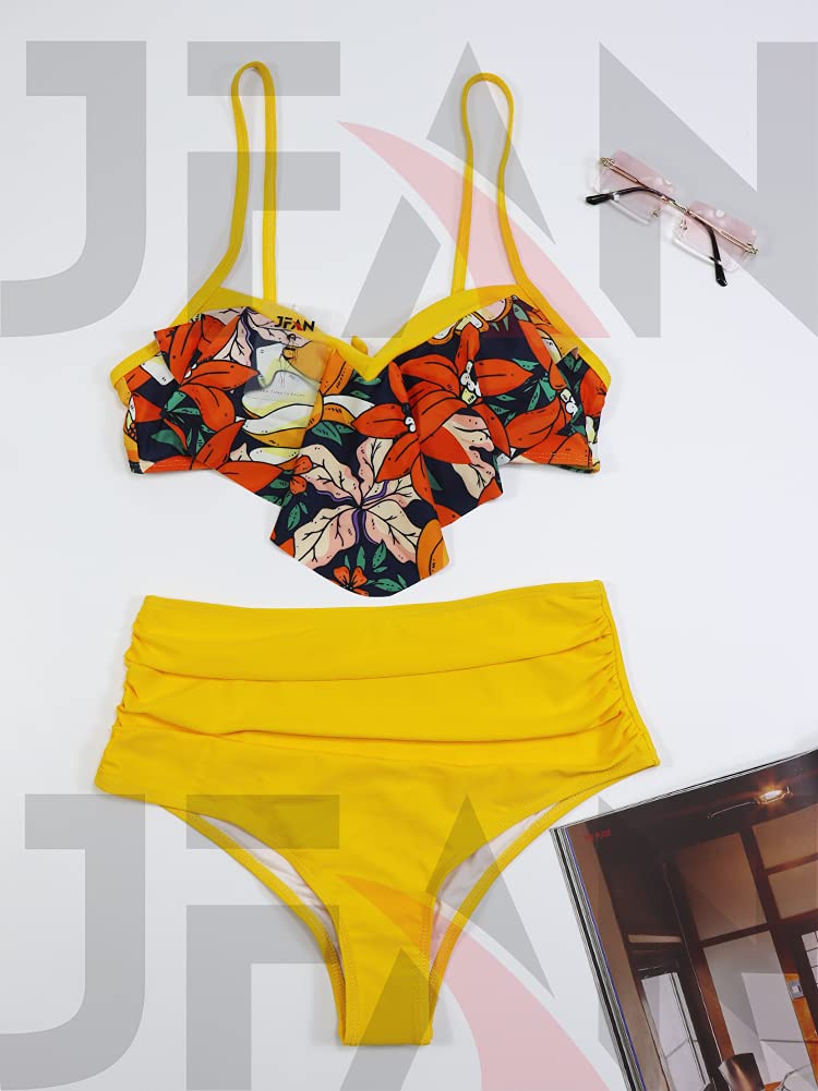 JFAN Costume da Bagno Donna Due Pezzi Bikini A Vita Alta Bottom Increspato Stampa Floreale Halter Ruffle Coordinati Blu L