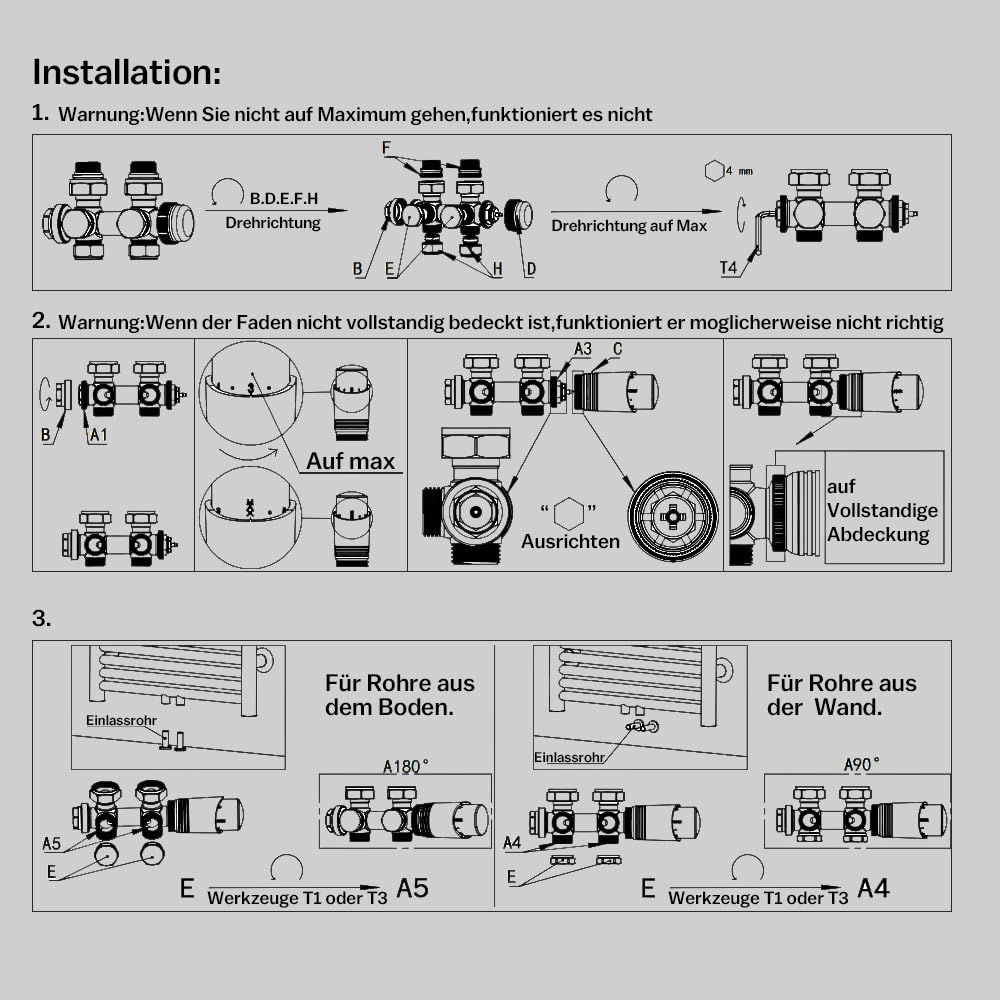 Set multiblocco con termostato per termosifoni, in ottone, 15/16 mm | G1/2" G3/4" angolo e passaggio, rubinetto di collegamento, connettore centrale, valvola per radiatore, nero