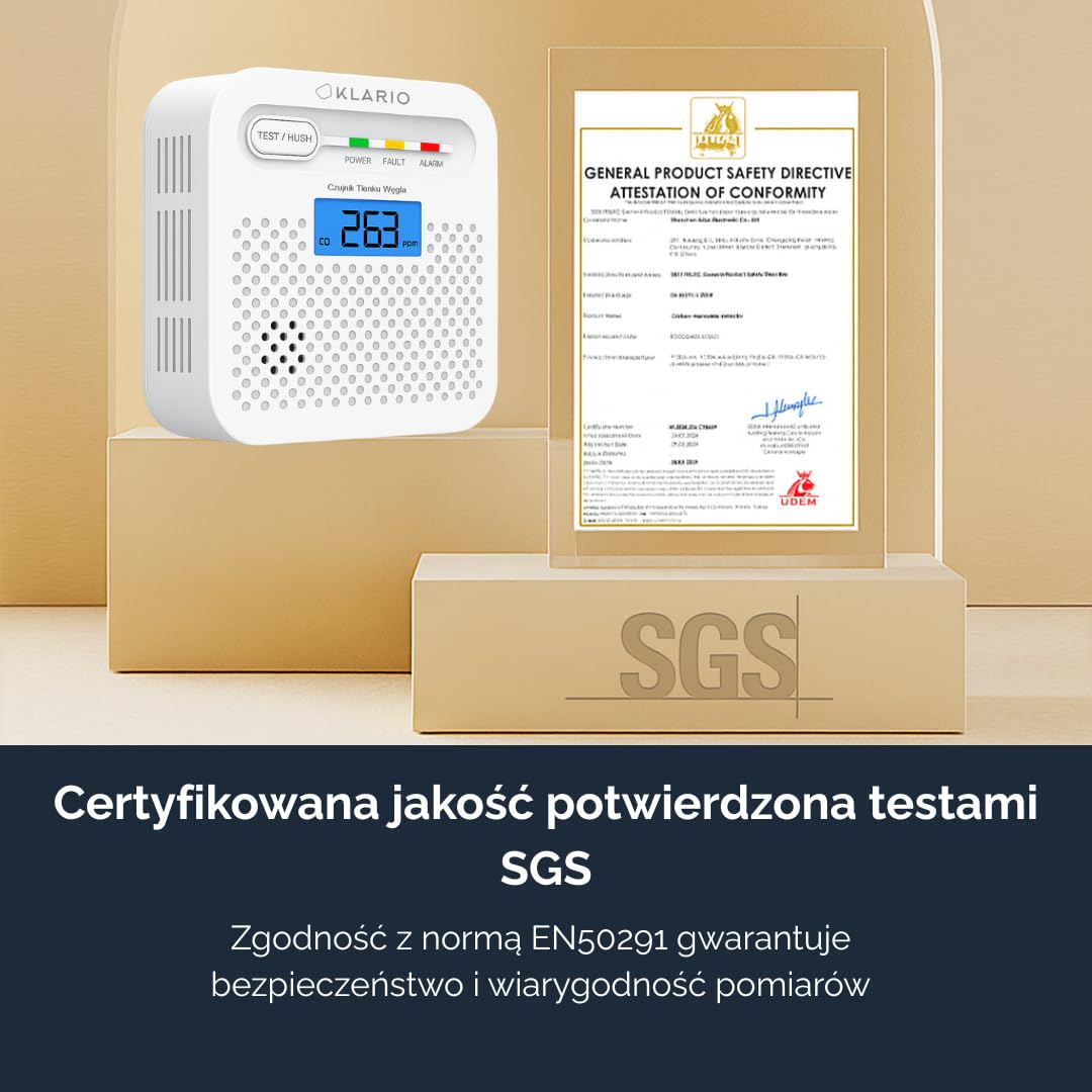 Czujnik Czadu Tlenku Węgla CO WiFi z Aplikacją Tuya SmartLife, Bateria 10 lat, Alarm 85 dB Wyświetlacz LCD Certyfikat EN50291 Bezprzewodowy Detektor CO do domu i mieszkania KLARIO