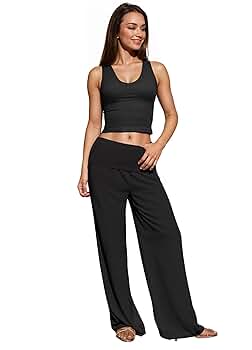 Hybrid & Company Women Palazzo Pants w/Fold Over Waist Band