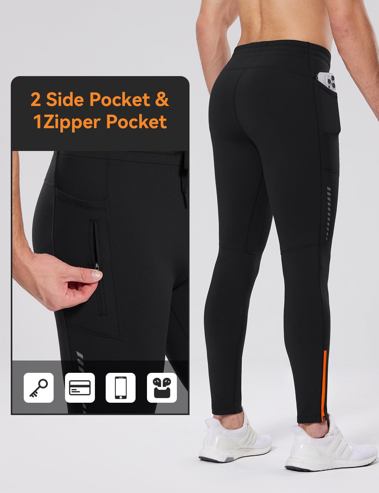 baleaf Collants thermiques de course à pied pour homme - Pantalon de cyclisme doublé en polaire - Legging de compression avec poches zippées - Équipement pour temps froid