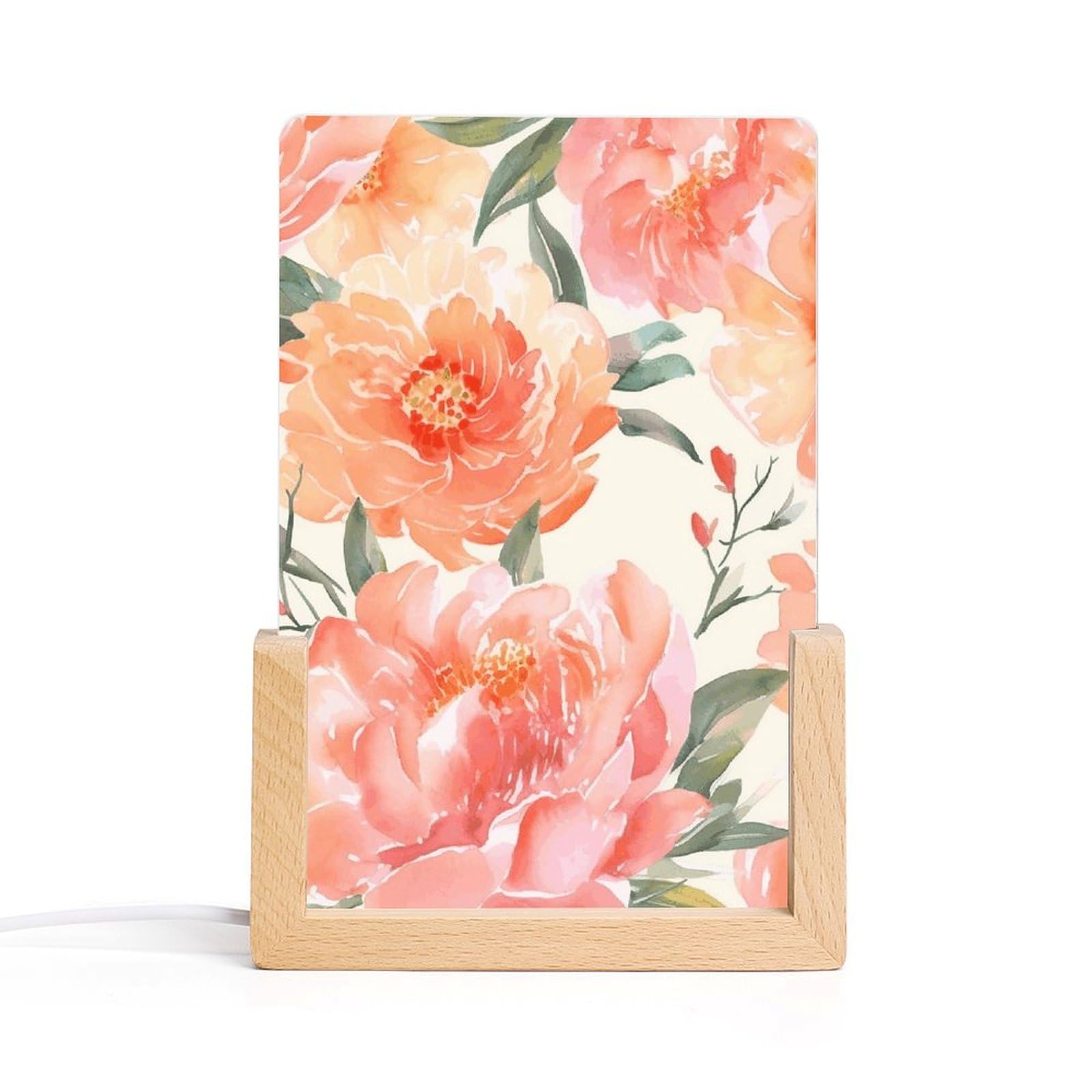 LYHVSFJW Peach Peony Night Light LED Small Desk Lamp Acrylic Photo Frames Night Lights Decorative Sleep Nightlight USB Bedside Lamp for Living Room Bedrooms Offices