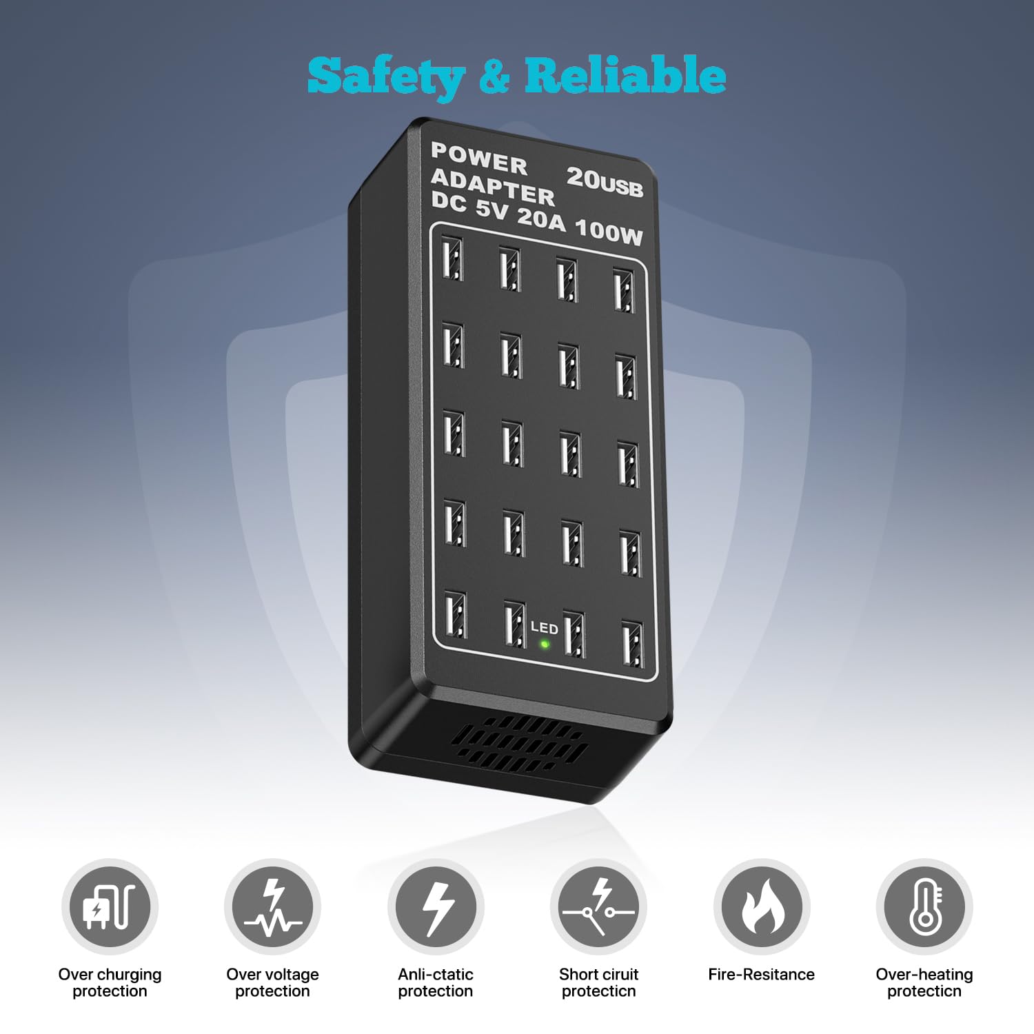 Caricatore USB, stazione di ricarica USB-A da tavolo a 20 porte, caricatore intelligente usb multifunzione da 100 W, compatible con iPhone 11/12/13/14/15/Samsung S22/S23/S24/Google Pixel/iPad/tablet