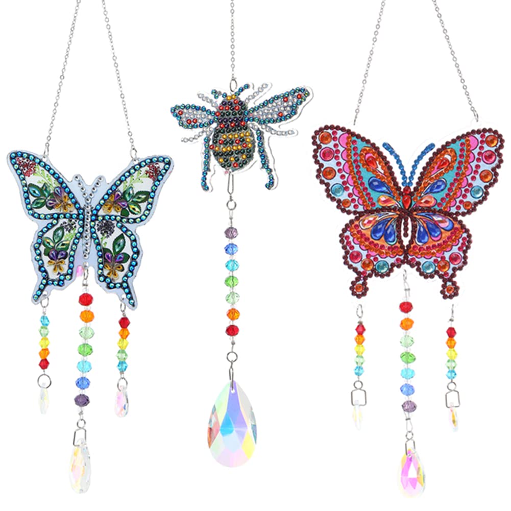 3 Pack Diamond Painting Wind Chime Suncatcher Kits DIY Window Hangings Paint by Number Diamond Art Sun Catchers Hanging Ornament for Home, Garden, Indoor and Outdoor (Butterfly, Bee)