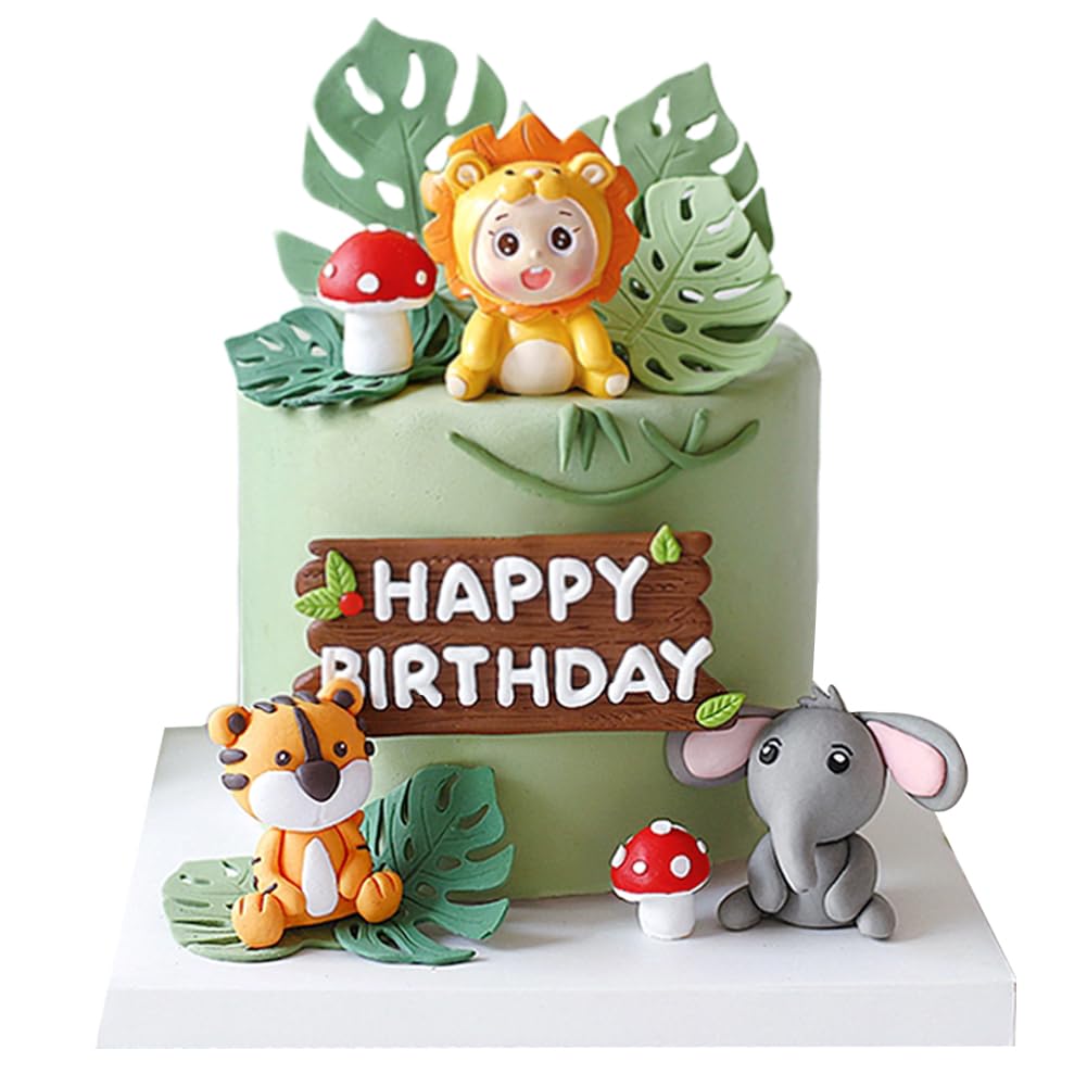 ZPSOSPZ Wild One 4PCS Safari Jungle Animal Cake Toppers - Happy Birthday Lion Tiger Elephant Cake Decorations for Kids