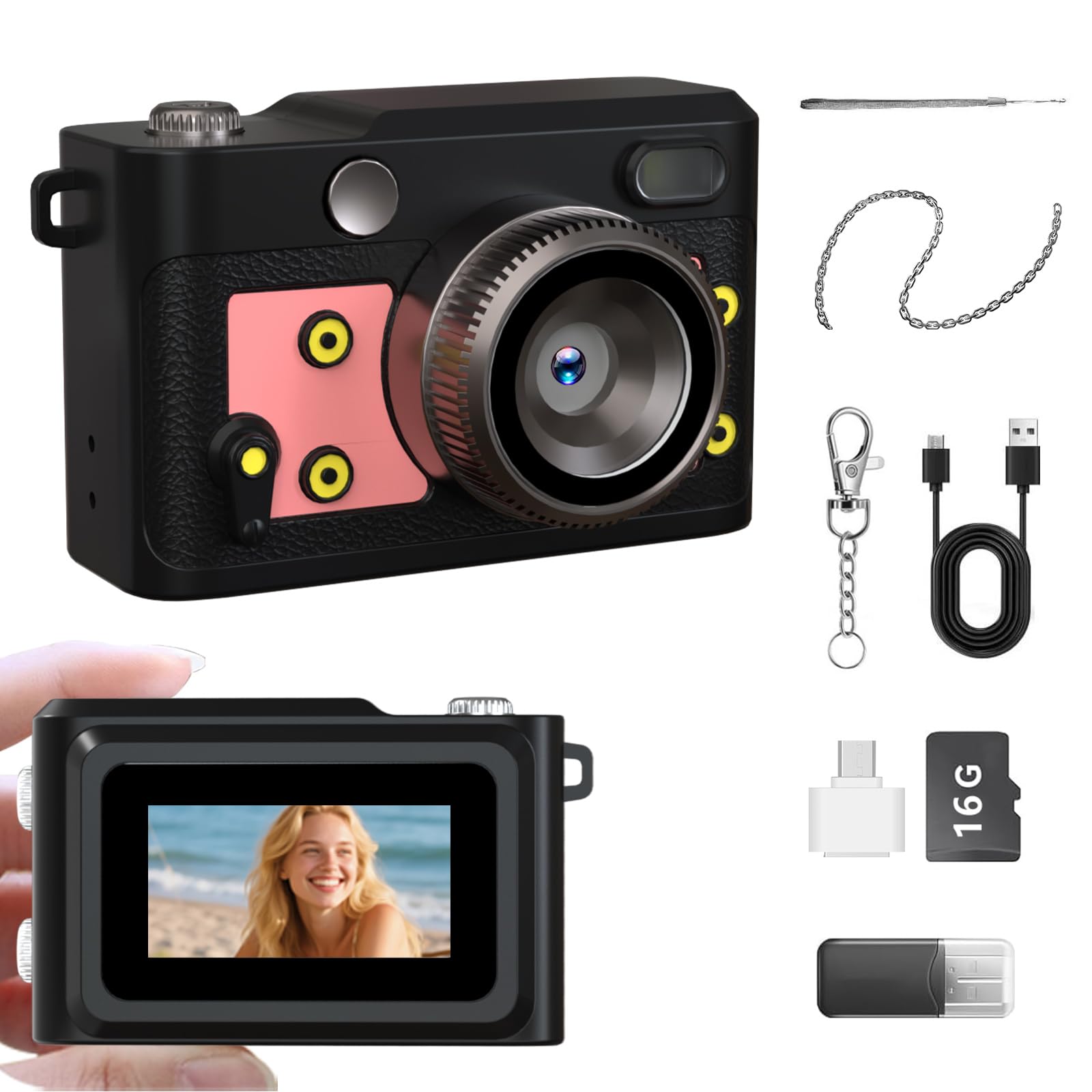 Mini fotocamera digitale retrò FHD 1080p con obiettivo da 2 MP, schermo da 0,96 pollici e adattatore OTG con scheda da 16 GB, fotocamera tascabile compatta vintage per viaggi, bambini, ragazzi