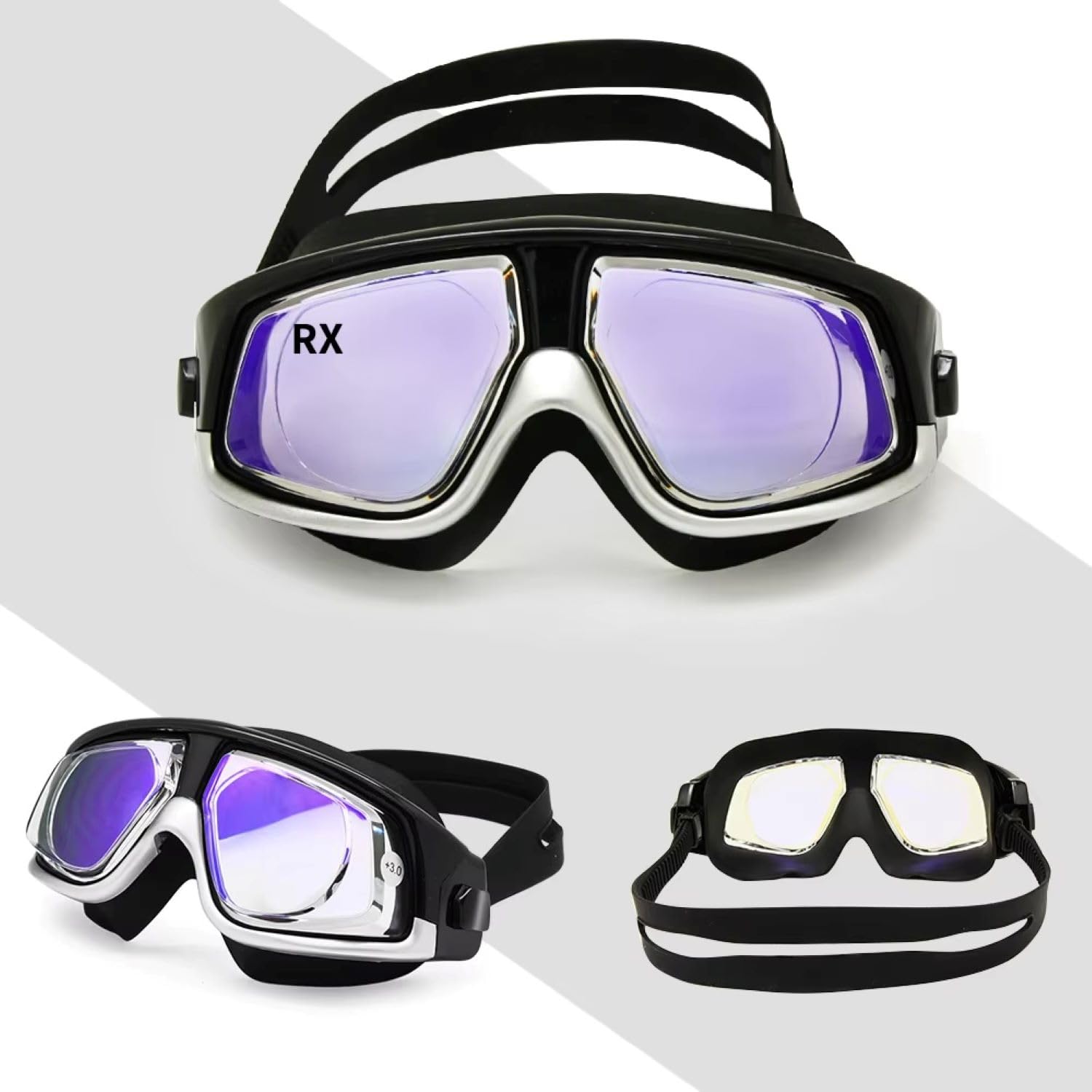 Krafty Eye Patches Farsighted +2.0 to +6.0 Optical Swim Goggles, Anti-Fog, UV Protected Big mask swimming goggles (Black Silver, +3.0 Plus)