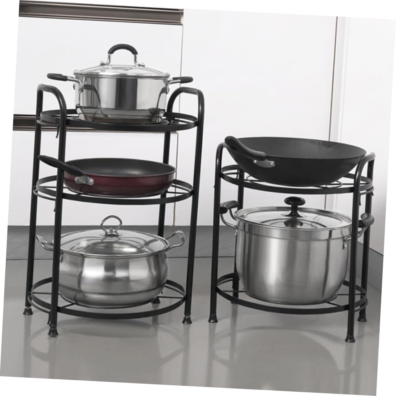 Two-layer Detachable Kitchen Storage Shelf Multipurpose Pan and Pot Rack Holder Black for Floor Use Creative Space-saving Organizer for Cookware and Bakeware