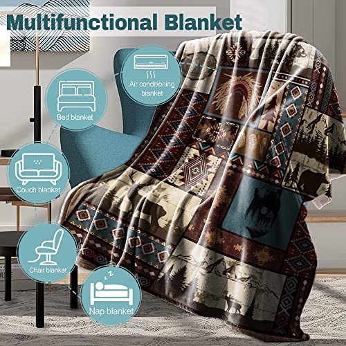Hselogi Aztec Throw Blanket Mexician Blanket American Native Boho Blanket Traditional Southwestern Tribal Bear Deer Woodland Warm Throw For Camping Farmhouse Decor For Couch Sofa Bed, 50"X60" #TOP5
