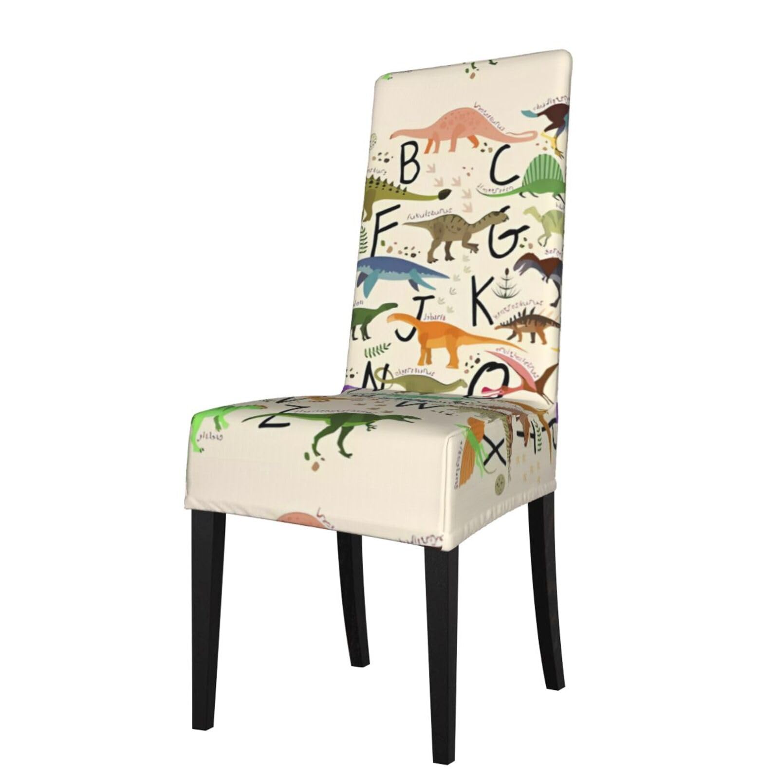 Hjfczh Black Stylish Learning Alphabets With Dinosaurs Prints Dining Chair Throw Covers – Stretchy Spandex Furniture Layers For Refreshing Your Space - No Ironing Needed