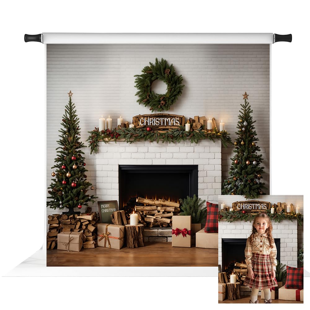 Kate Christmas Fireplace Photo Backdrop Modern Cool White Brick Background Christmas Tree Gifts Photo Background Studio Props,8x8ft