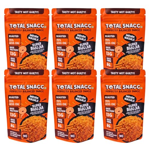 Image of TOTAL SNACC Roasted Bhujia Indian Masala (70g x 6) | High Protein 19g, High Fibre 12g | 70% Less Oil | No Palm Oil | Baked Bhujiya | Healthy Namkeen | High Protein Snacks | Diabetic Friendly | Millet Bhujia | Low Calorie