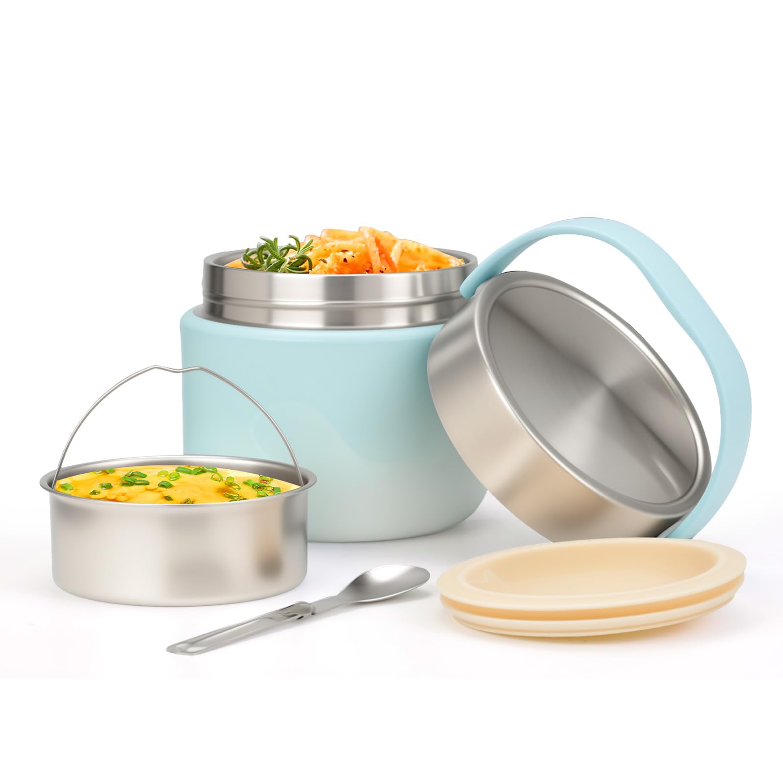 VINATO Thermal Lunch Box 1.2L Insulated Lunch Box Bento Box Stainless Steel Leak-proof BPA-Free with Spoon - for Office, School, Hiking (Bleu)