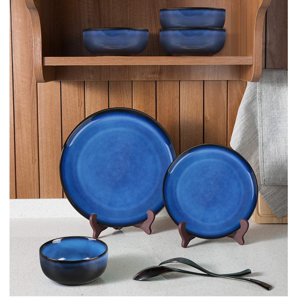 MEKY Dinner Plates, Ceramic 10 inch Round Dish Plates Set of 4, Easy to Clean, Microwave Oven Dishwasher Safe, Scratch Resistant, Kitchen Porcelain Serving Dishes - Premium Reactive Glaze - Sea Blue (Missing one Plate)