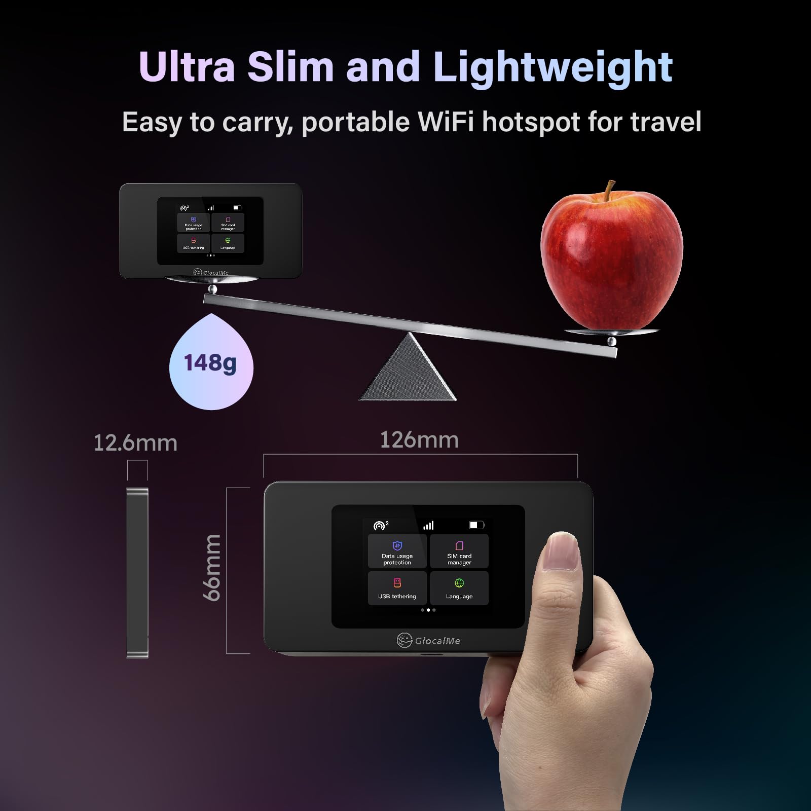 GlocalMe Duoturbo mobiler WLAN Router, Keine SIM erforderlich, 4G LTE Router mit 1GB globalen Daten,3500mAh Akku, LCD Display Dual-Modem, mobiler Hotspot für 200 Länder (Schwarz)
