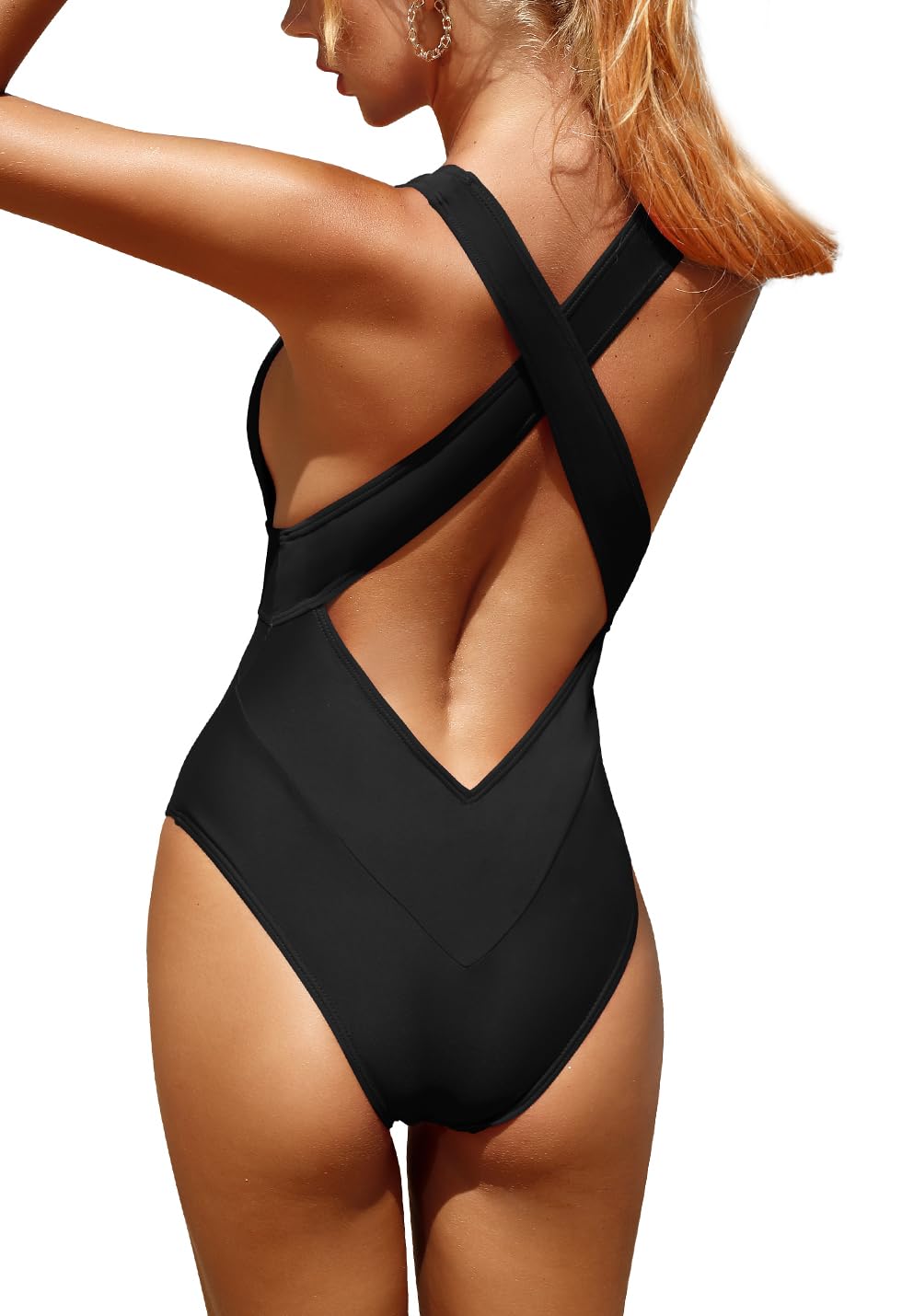 Sexy Swimsuit for Women High Cut One Piece Cheeky Swimsuits Deep V Neck Criss Cross Backless, black, M-image-49