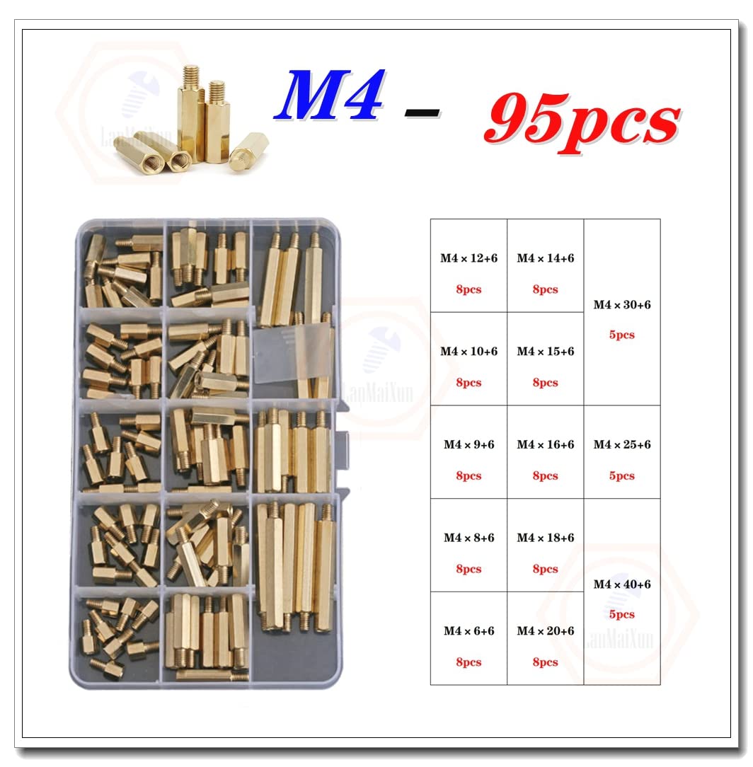 95piezas M4 Combinación de kits Espaciador de latón de placa base PCB hexagonal macho hembra, espaciador de separación de pilares de latón