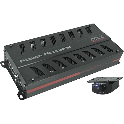 Power Acoustik SB1-5000D 5000W Max Mono Car Amplifier, 1-Ohm Stable Class D, Compact Design, Bass Boost, Subsonic & Low Pass Crossover
