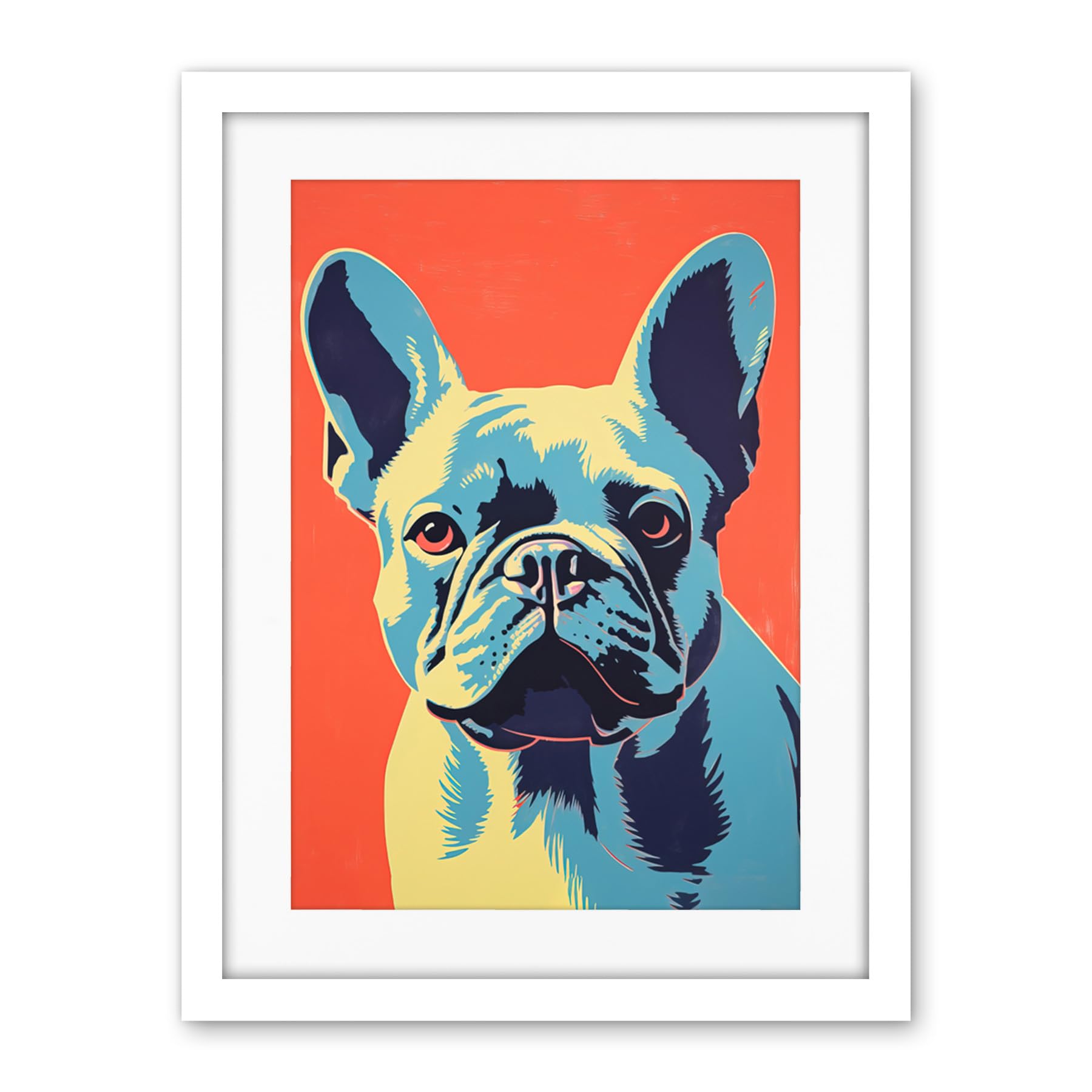 Artery8 French Bulldog Colour Block Artwork Coral Orange Blue Vibrant Pet Portrait Cute Artwork Framed Wall Art Print 18X24 Inch