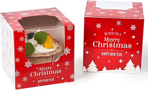 Miniatura 6 de Cajas para cupcakes de Navidad, 50 unidades, caja individual de papel kraft marrón con árboles de Navidad y ventana para vacaciones, mini cajas de