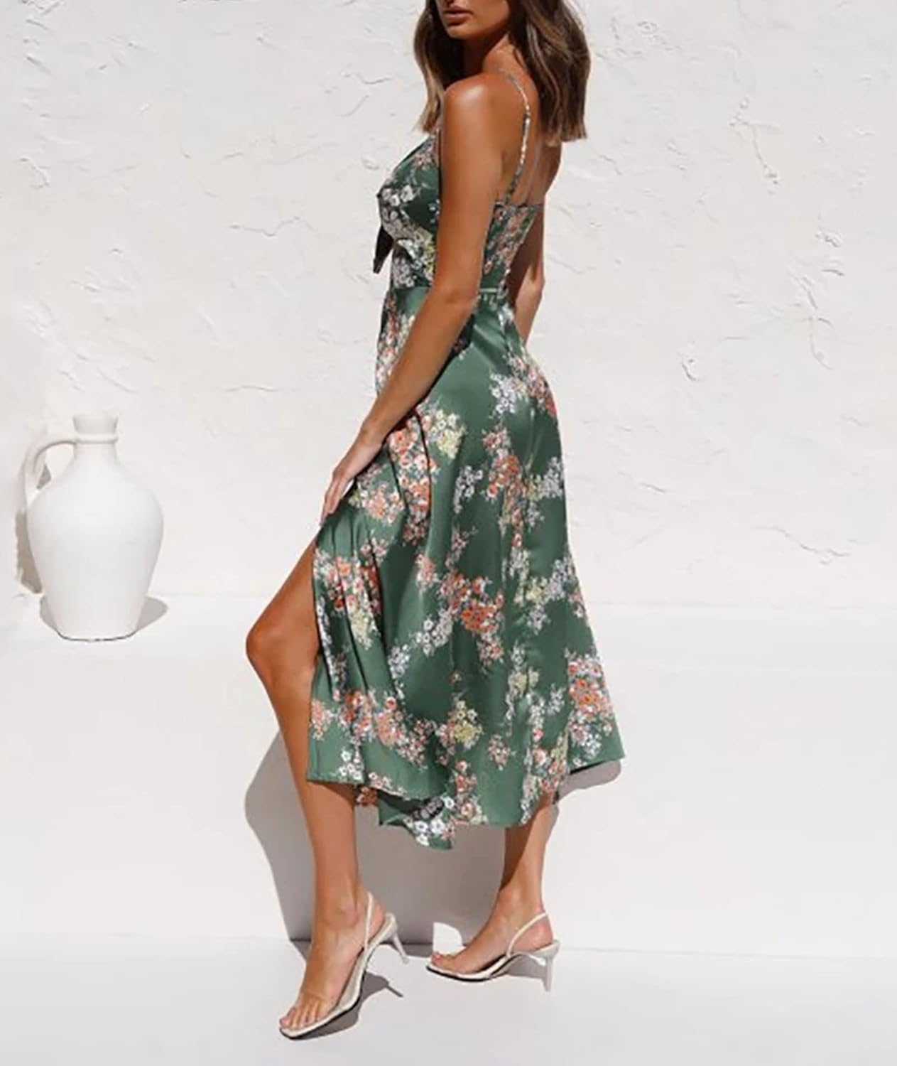 xxxiticat Women's Floral Satin Dress Sleeveless Spaghetti Straps Bow Knot Tied Cutout Front Split Hem Midi Slip Party Dress - Image 4