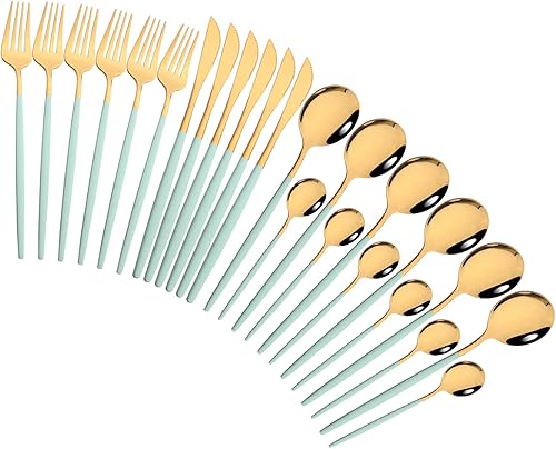 Miniatura 1 de BRIIEC Juego de cubiertos de acero inoxidable de 24 piezas, color verde menta y dorado espejo, incluye tenedor, cuchara y cuchara, servicio para 6