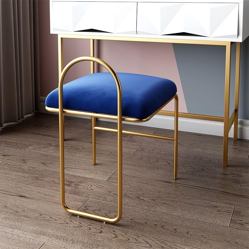 Modern Velvet Vanity Stool, Gold Metal Frame with Navy Blue Cushioned Seat, Contemporary Makeup Bench for Dressing Room Modern Metal Frame Stool with Soft Velvet Cushion