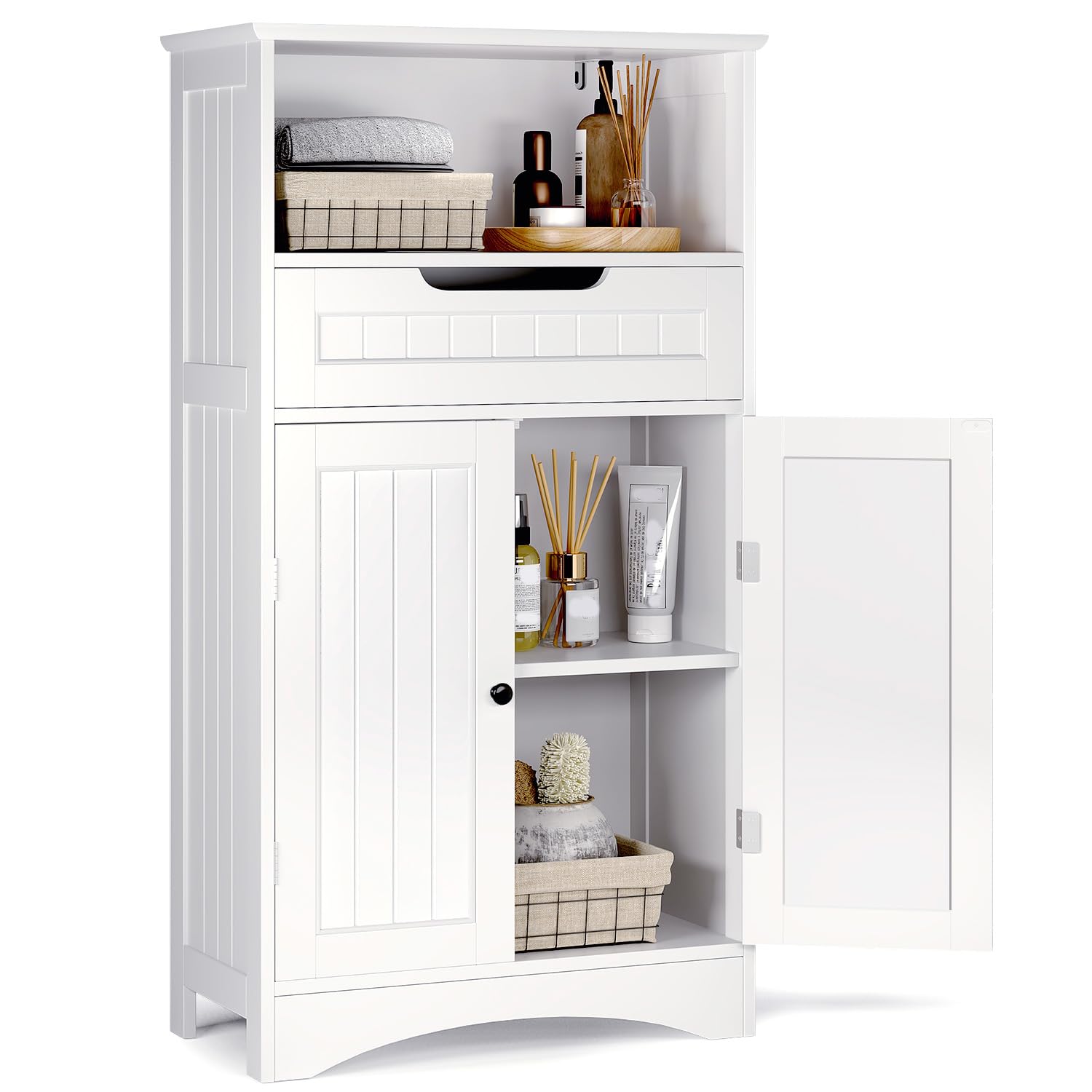 Mueble de baño, Mueble de baño con 1 Estante Abierto, 1 cajón y 1 Estante Ajustable, para baño, salón, Comedor, 60 x 30 x 170 cm (Blanco)
