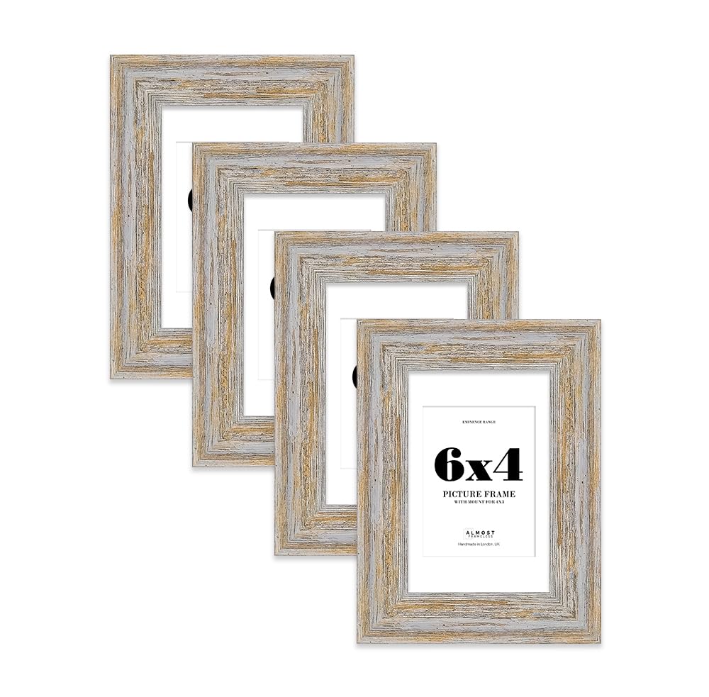 6x4" Walnut Woodgrain Picture Frame with 4x3" Mount - Shabby Chic Photo Frame with Distressed Finish, Wall Hooks and Kickstand, 32mm Edge - 4 Pack