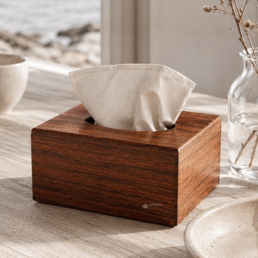 Image of Wooden Tissue Box| Rosewood Napkin Box| Tissue Holder Organizer for Table, Home, Office, Car| Square Facial Paper Cloth Storage Case| Dispenser (6X6 Inches, Ambrin)