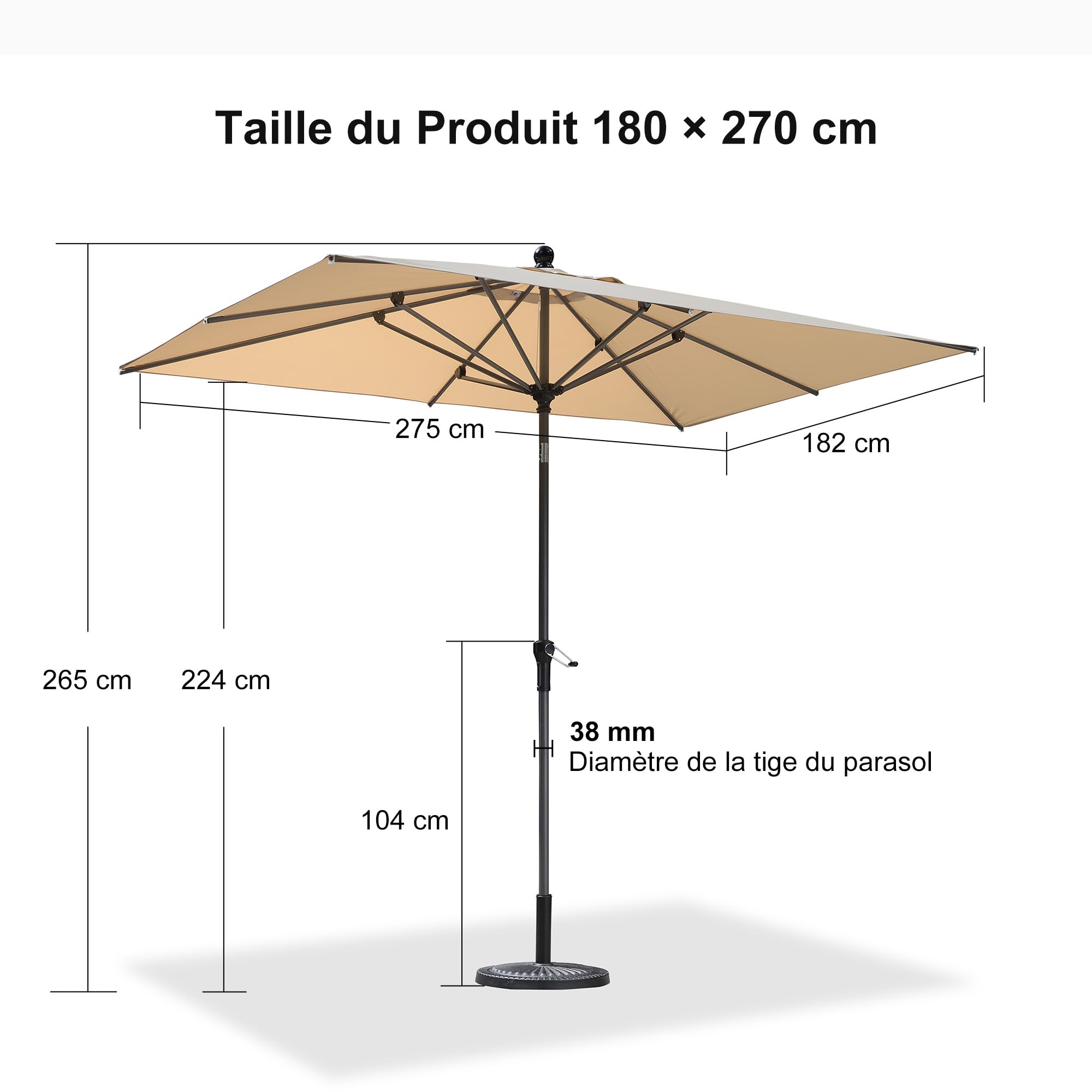 PURPLE LEAF Parasol Balcon 180 x 270 cm Rectangulaire Beige Anti-Rouille | Structure renforcée, Anti-vent, Résistant aux intempéries, Polyester 200 g/m², 8 Baleines robustes, Mât en aluminium, Jardin