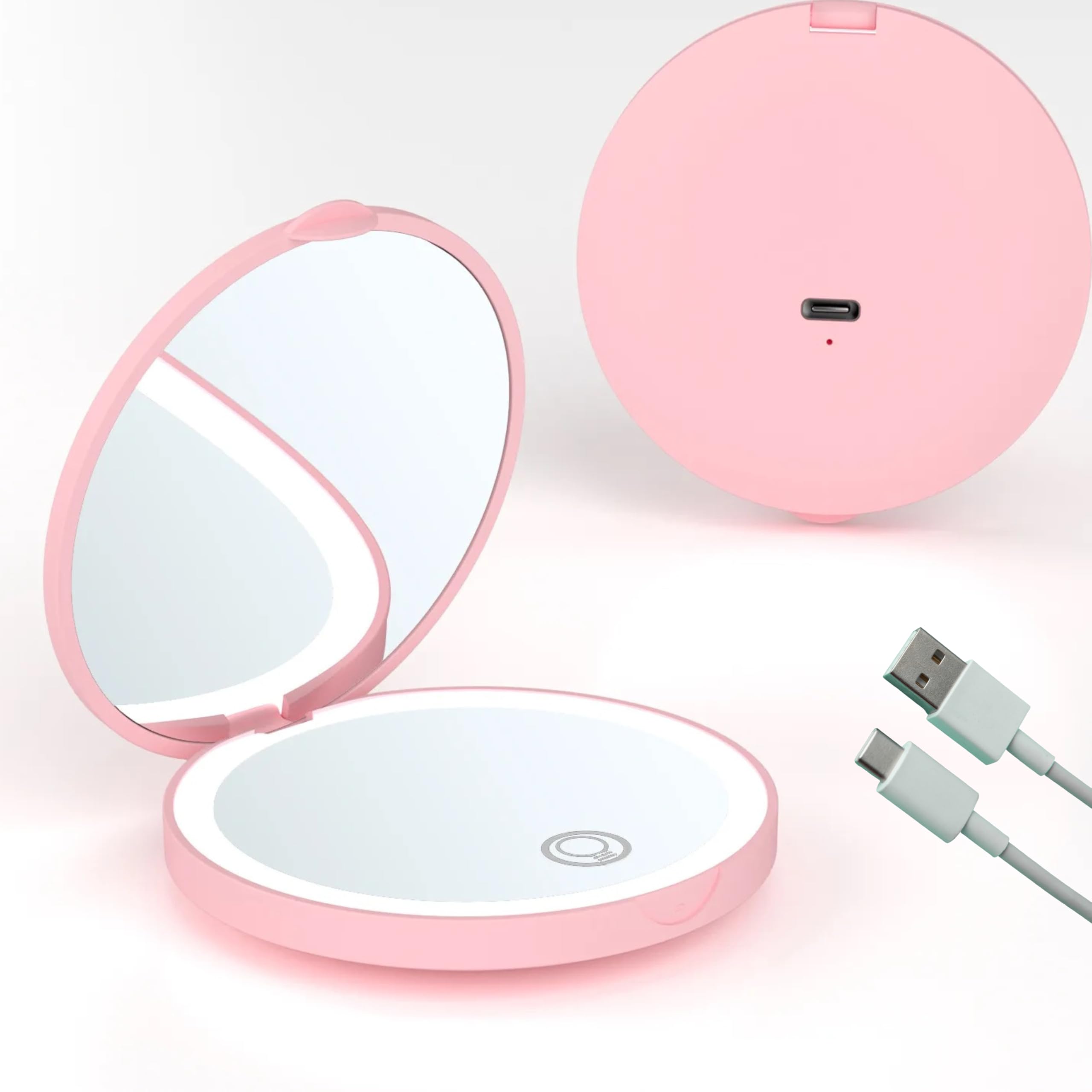 Espejo de Bolsillo Compacto con luz de Maquillaje, Aumento 10x, Espejo de compacto con luz Aumento 10X, Espejo Plegable de 9 cm de diametro, Espejo portatil y pequeño para el Bolso y Viaje (ROSA)