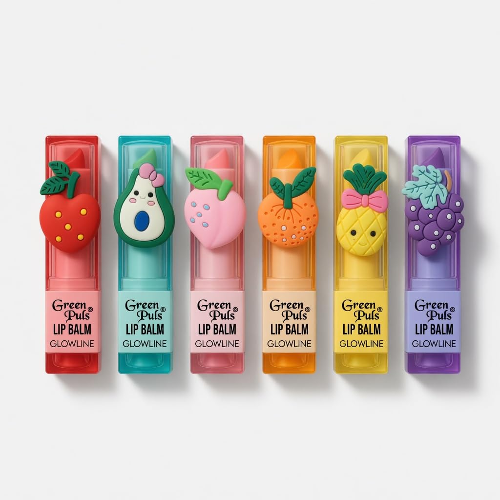 GLOWLINE Green Puls Lip Balm Set, Strawberry, Avocado, Peach, Orange, Pineapple and Grape Flavours, Hydrating, Pack of 6-picture-27