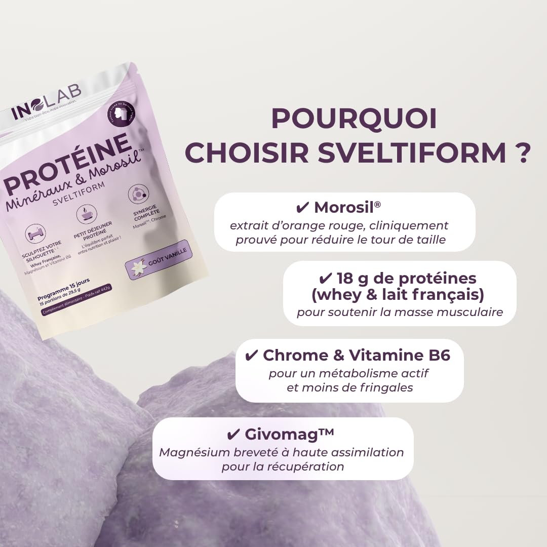 INOLAB Protéine Minceur 360 | Pure Whey Isolate + Morosil + Magnésium B6 + Chrome +Acérola | Musculation + perte de poids + Énergie | 15 encas vanille gourmand