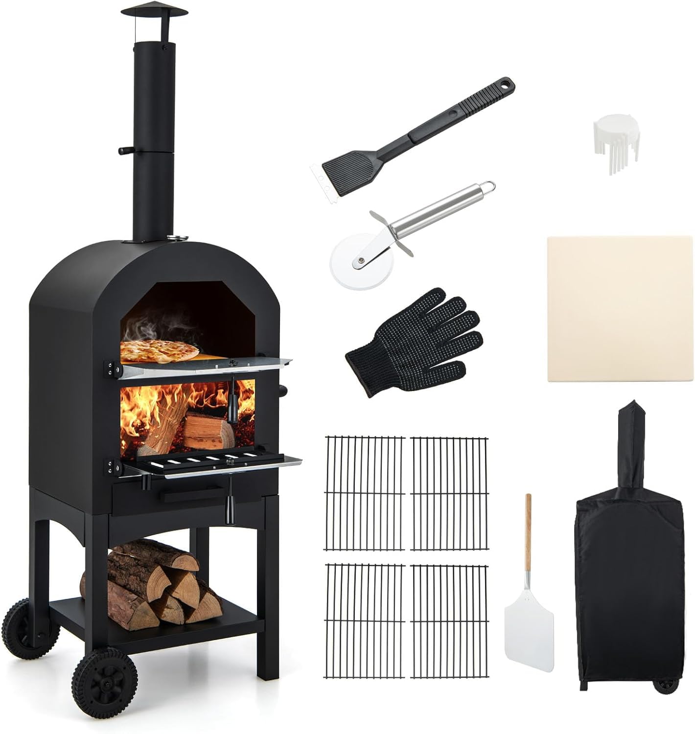FANTASK Outdoor Pizzaofen mit eingebautem Thermometer, holzbefeuerter Pizzaofen mit Rädern & wasserdichtem Deckel