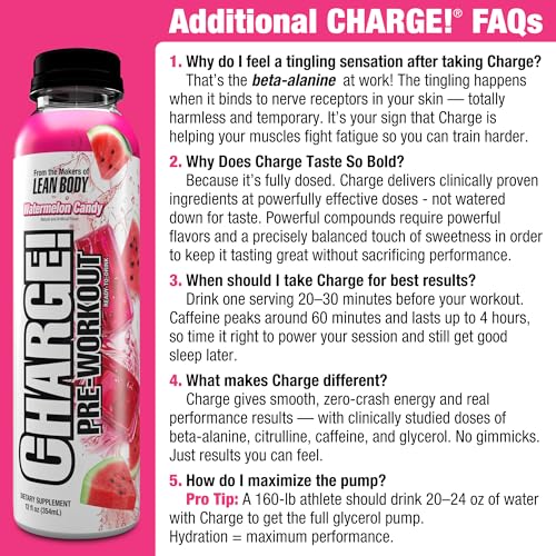 Image of LABRADA Charge Pre Workout Watermelon Candy RTD Drink - Pump, Energy, Endurance Formula with 10g Glycerol, 6g L-Citrulline Malate, 4g Beta Alanine, 300mg Caffeine, + Total Hydration, 12 Servings