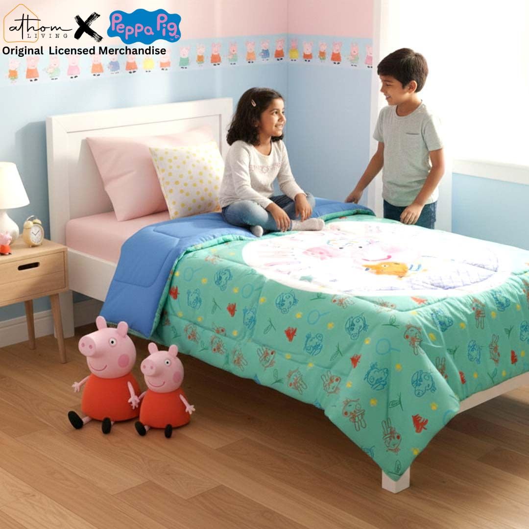 Athom Living Peppa Pig Character Themed Kids Comforter, Soft & Lightweight, Durable Bedding for Girls, Cozy & Vibrant Printed Bedspread, Machine Washable | 390 GSM, 135x220 cm
