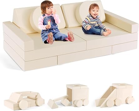 Kids Sofa, Modular Play Couch, Kids Sofa, Bedroom and Playroom Furniture for Toddlers, Convertible Foam Set of 14 - Beige