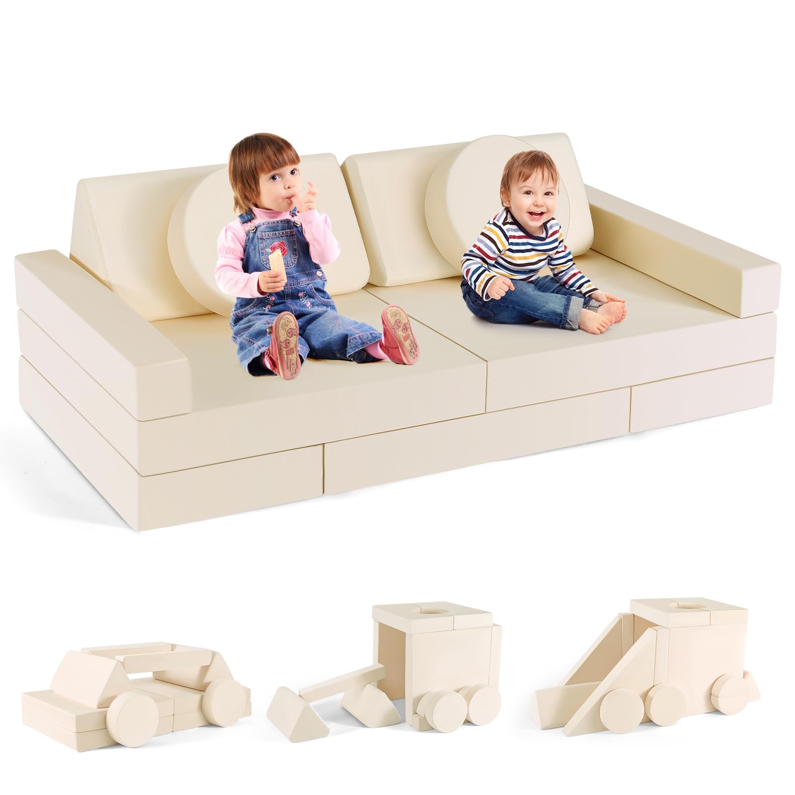nmoiww Kindersofa, 14-teiliges Schaumstoff-Baustein-Kinderspielsofa, modulares Kindersofa, lustiges zusammenklappbares Kinderschlafsofa, 2 Sitzer, für Spielzimmer (Beige)