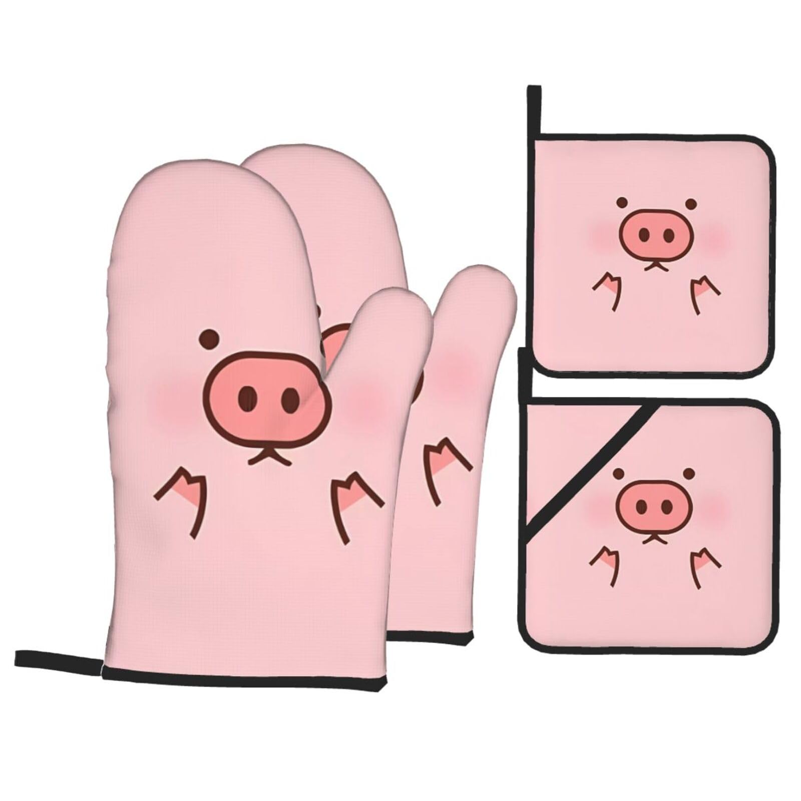 HJFCZH Cute Pig Prints Kitchen Throw Set: Durable Oven Layers with Waterproof Polyester – 4 Piece Heat Protection System