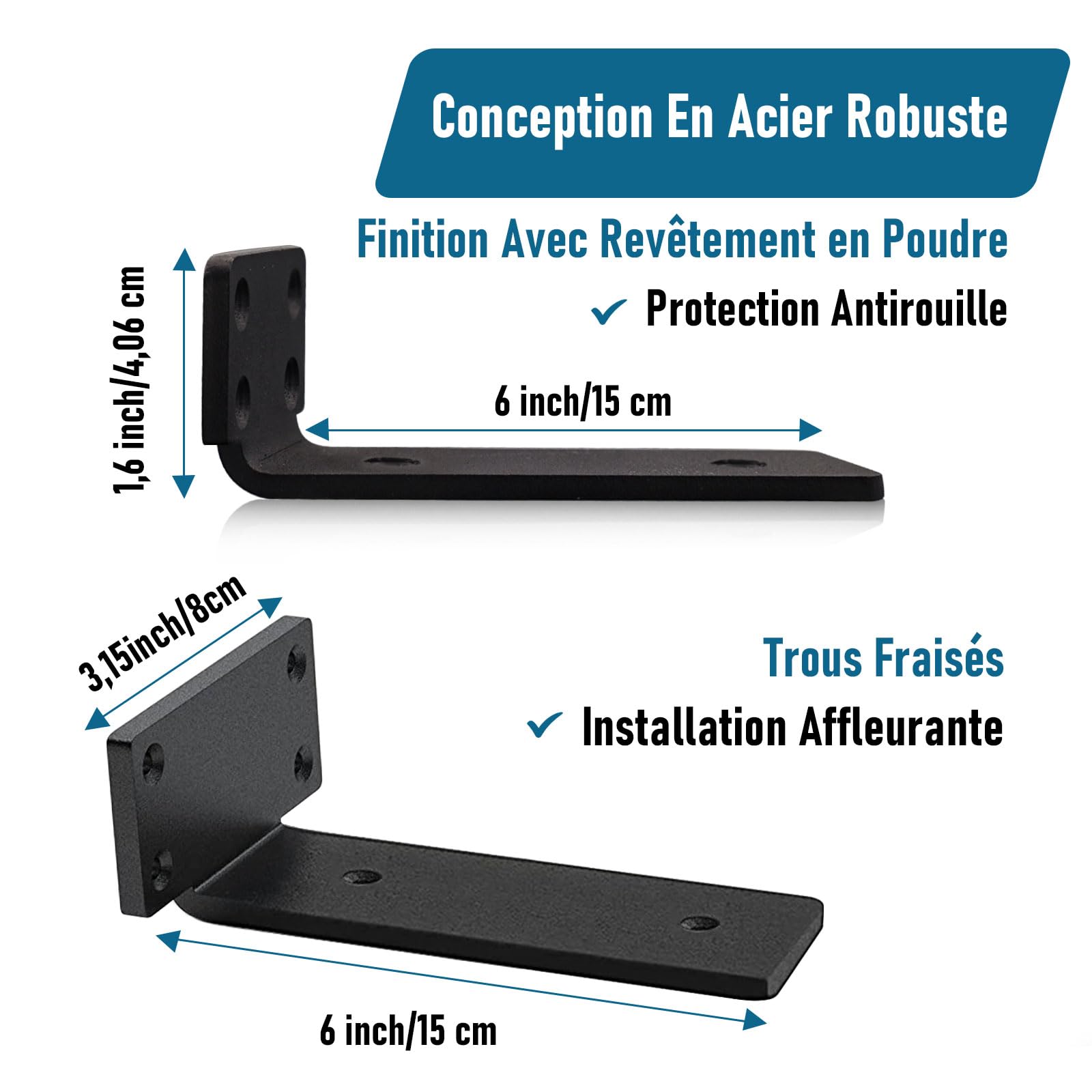 Lot de 4 Supports d'étagère Flottants de 15 cm, Fixations d'étagère invisibles, Supports Muraux en Métal Robuste pour étagère de Stockage | Bibliothèque - Avec vis (Noir)
